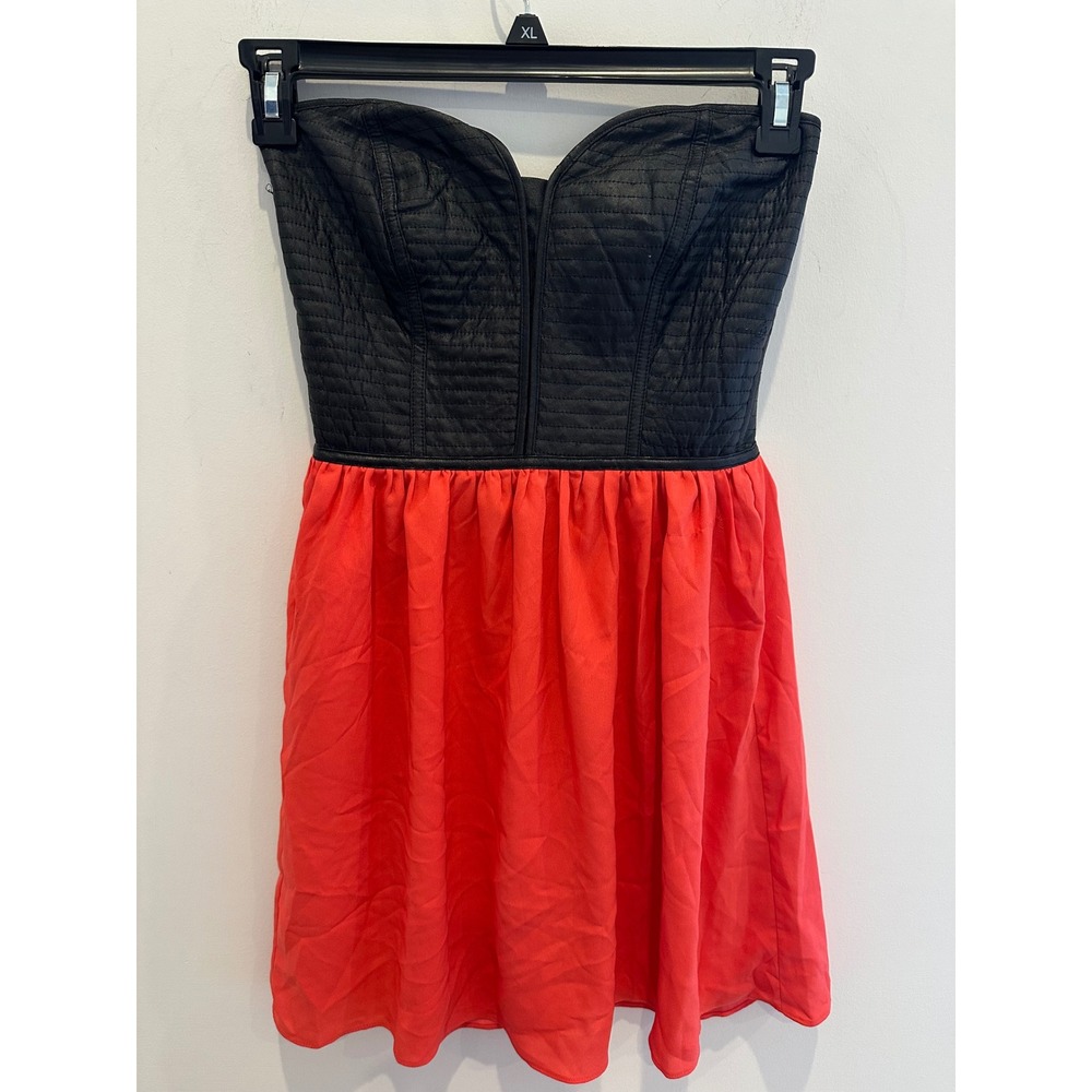 Audrey 3+1 Strapless Quilted Leather Blend Chiffon Mini Dress Black Coral Red S